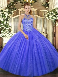 Tulle Halter Top Sleeveless Lace Up Beading and Embroidery Quinceanera Dress in Blue