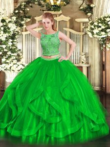 Beading and Ruffles 15th Birthday Dress Green Lace Up Sleeveless Floor Length