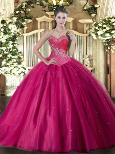 Ball Gowns 15 Quinceanera Dress Fuchsia Sweetheart Tulle Sleeveless Floor Length Lace Up