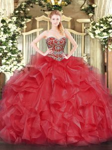 Coral Red Sleeveless Beading Floor Length 15 Quinceanera Dress