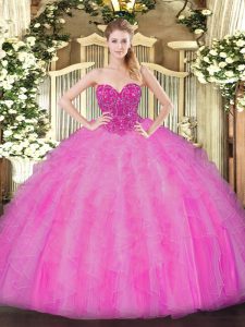 Fuchsia Sweet 16 Quinceanera Dress Military Ball and Sweet 16 and Quinceanera with Beading and Ruffles Sweetheart Sleeveless Lace Up