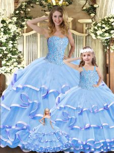 Lavender Ball Gowns Beading and Ruffled Layers Vestidos de Quinceanera Lace Up Organza Sleeveless Floor Length