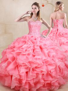 Sweetheart Sleeveless Lace Up Sweet 16 Quinceanera Dress Watermelon Red Organza