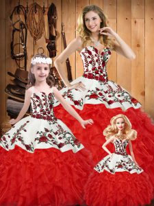 Stylish White And Red Sleeveless Satin and Organza Lace Up Quinceanera Gowns for Military Ball and Sweet 16 and Quinceanera