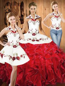 Luxury White And Red Ball Gown Prom Dress Military Ball and Sweet 16 and Quinceanera with Embroidery and Ruffles Halter Top Sleeveless Lace Up