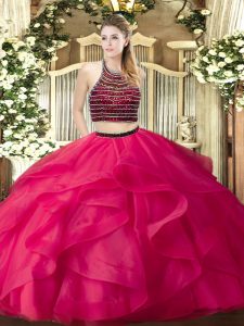 Halter Top Sleeveless Organza Sweet 16 Dress Beading and Ruffles Zipper