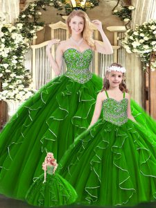 Green Lace Up Quinceanera Gowns Beading and Ruffles Sleeveless Floor Length