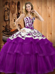 Shining Tulle Sweetheart Sleeveless Lace Up Embroidery and Ruffles Quinceanera Dress in Purple
