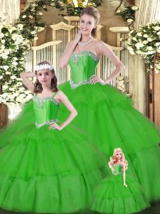 Green Sleeveless Organza Lace Up 15th Birthday Dress for Military Ball and Sweet 16 and Quinceanera