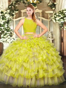 Yellow Green Two Pieces Ruffled Layers Quinceanera Dress Zipper Tulle Sleeveless Floor Length