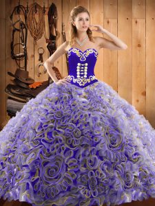 Multi-color Ball Gowns Satin and Fabric With Rolling Flowers Sweetheart Sleeveless Embroidery With Train Lace Up Quinceanera Gown Sweep Train
