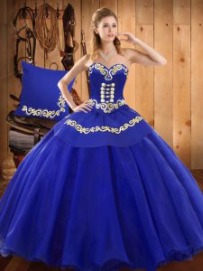 Modest Sleeveless Floor Length Ruffles Lace Up Ball Gown Prom Dress with Blue