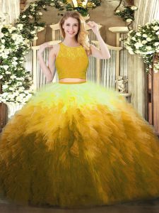 Multi-color Zipper Scoop Lace and Ruffles Ball Gown Prom Dress Organza Sleeveless