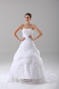 White Lace Up Wedding Gown Beading and Lace Sleeveless Brush Train