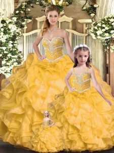 Flare Gold Ball Gowns Organza Sweetheart Sleeveless Beading and Ruffles Floor Length Lace Up Sweet 16 Dress