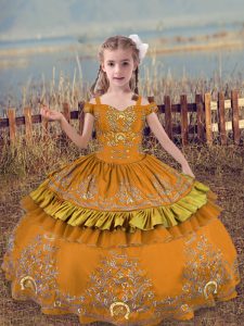 Admirable Brown Lace Up Off The Shoulder Beading and Embroidery Pageant Dress Toddler Satin Sleeveless