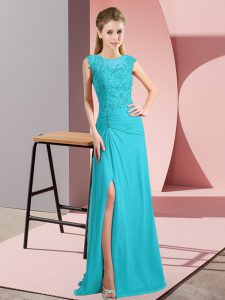 Pretty Aqua Blue Column/Sheath Scoop Sleeveless Chiffon Floor Length Zipper Beading Prom Party Dress