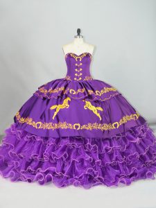 Hot Sale Purple Sweetheart Neckline Embroidery and Ruffled Layers Ball Gown Prom Dress Sleeveless Lace Up