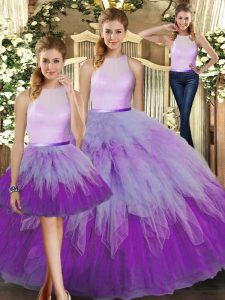 High-neck Sleeveless Ball Gown Prom Dress Floor Length Ruffles Multi-color Organza