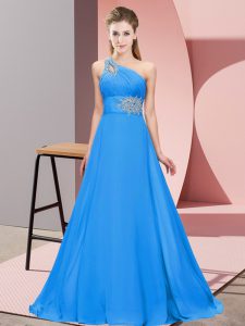 Blue Empire Beading Homecoming Dress Lace Up Chiffon Sleeveless Floor Length