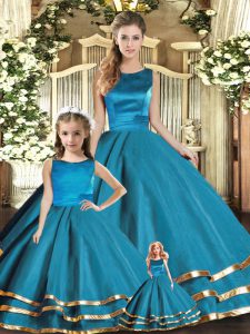 Smart Teal Ball Gowns Tulle Scoop Sleeveless Ruffled Layers Floor Length Lace Up Sweet 16 Dresses