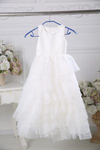 Most Popular Sleeveless Chiffon Floor Length Zipper Flower Girl Dresses in White with Ruffled Layers