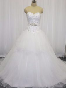 Hot Selling Organza Sleeveless Wedding Gowns Court Train and Beading and Lace