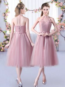 Pink Empire Halter Top Sleeveless Tulle Tea Length Lace Up Appliques and Belt Court Dresses for Sweet 16