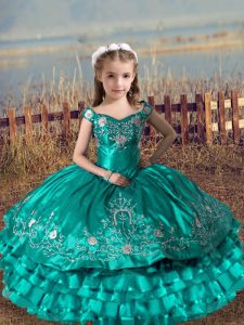 Turquoise Satin and Organza Lace Up Off The Shoulder Sleeveless Floor Length Winning Pageant Gowns Embroidery and Ruffled Layers