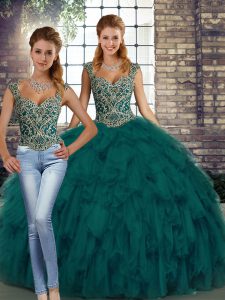 Super Floor Length Lace Up Ball Gown Prom Dress Peacock Green for Military Ball and Sweet 16 and Quinceanera with Beading and Ruffles