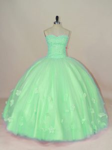 Pretty Green Sleeveless Floor Length Hand Made Flower Lace Up Sweet 16 Dress