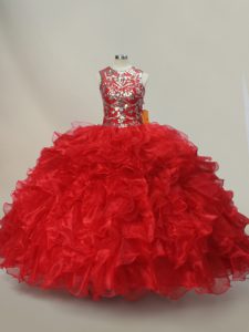 Discount Sleeveless Floor Length Ruffles and Sequins Lace Up Sweet 16 Dress with Red