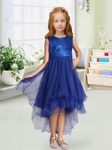 High Quality High Low Zipper Flower Girl Dresses for Less Royal Blue for Wedding Party with Sequins and Bowknot