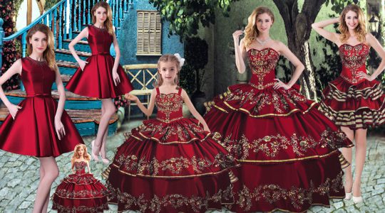 Wine Red Sweetheart Lace Up Embroidery and Ruffled Layers Quince Ball Gowns Sleeveless