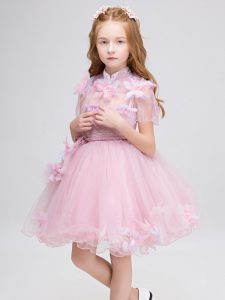 Amazing Baby Pink High-neck Zipper Appliques Toddler Flower Girl Dress Short Sleeves