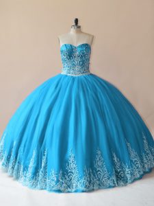 Clearance Baby Blue Tulle Lace Up 15 Quinceanera Dress Sleeveless Floor Length Embroidery