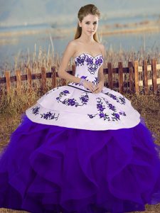 Sleeveless Tulle Floor Length Lace Up Quinceanera Gown in White And Purple with Embroidery and Ruffles and Bowknot