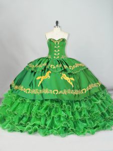 Ball Gowns Sleeveless Green Sweet 16 Dresses Brush Train Lace Up