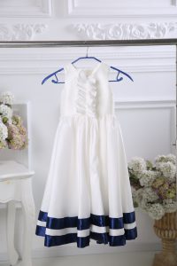 White Satin Zipper Scoop Sleeveless Tea Length Flower Girl Dress Ruffles