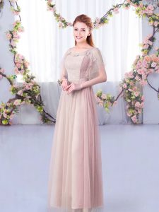 Amazing Short Sleeves Floor Length Lace and Belt Side Zipper Wedding Guest Dresses with Pink
