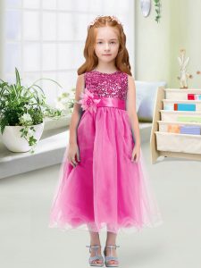 Sumptuous Rose Pink Organza Zipper Flower Girl Dresses for Less Sleeveless Tea Length Sequins and Hand Made Flower