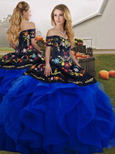 Off The Shoulder Sleeveless Tulle Quinceanera Dress Embroidery and Ruffles Lace Up