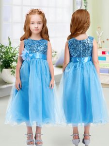 Tea Length Zipper Toddler Flower Girl Dress Baby Blue for Wedding Party with Sequins and Hand Made Flower