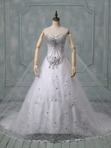 Edgy Sweetheart Sleeveless Wedding Gown Chapel Train Beading and Lace White Tulle