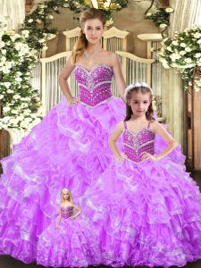 Superior Lilac Organza Lace Up Sweetheart Sleeveless Floor Length Quinceanera Gown Beading and Ruffles