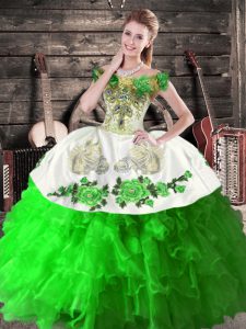 Green Sleeveless Floor Length Embroidery and Ruffles Lace Up Quinceanera Dress