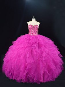 Sweetheart Sleeveless Lace Up Quinceanera Gowns Fuchsia Tulle