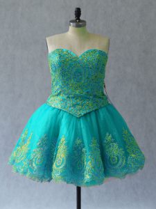 Delicate Tulle Sweetheart Sleeveless Lace Up Appliques and Embroidery Evening Dress in Turquoise