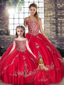 Ideal Off The Shoulder Sleeveless Tulle 15 Quinceanera Dress Beading and Embroidery Lace Up