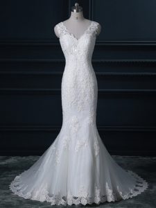 V-neck Sleeveless Tulle Wedding Dresses Lace Brush Train Backless